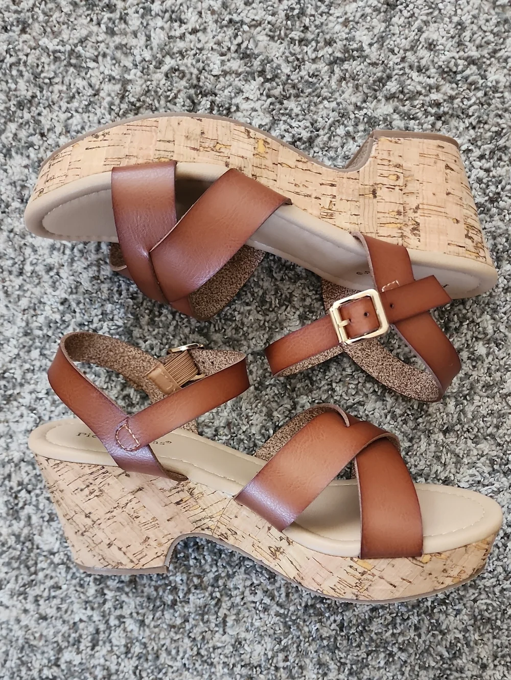 NIB Pierre Dumas Brown Cork Wedge Sandals - Open Toe Ankle Strap 8